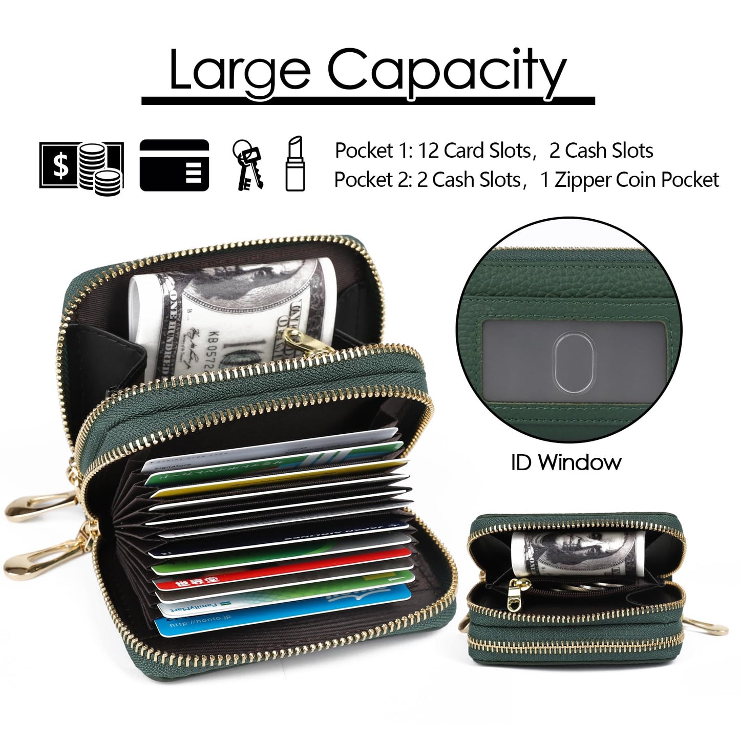 imeetu RFID Credit Card Holder, Small Leather Double Zipper Card Case Wallet for Women (Max,Green)