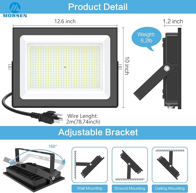 MORSEN 400W Flood Lights Outdoor, 48000lm Bright LED Work Light with Plug, 6500K Daylight White LED Flood Lighting, IP66 Waterproof Security Yard Lights for Yard Garage Stadium 2 Pack