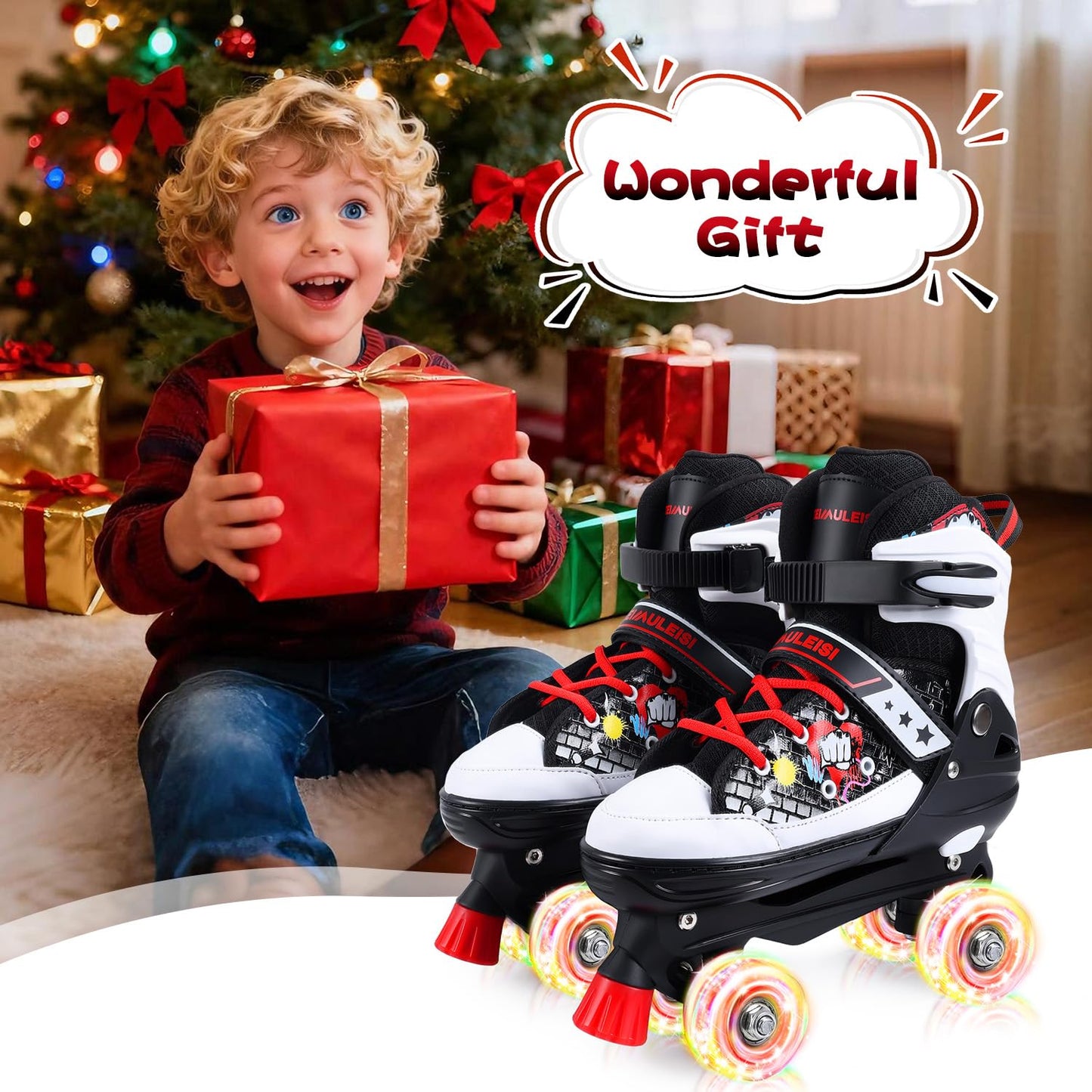 Kids Roller Skates, 4 Size Adjustable Quad Skates with All Light Up Wheels, 10C to 8 Rollerskates for Toddlers, Beginners, Boys, Girls, Outdoor, Indoor, Black, Large