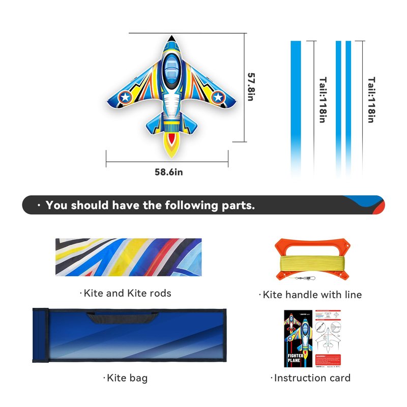 SGftre Airplane Kite for Kids and Adults, Easy to Fly with Durable Fiberglass Frame, Outdoor Fun Sports Plane Kite with Handle and Line Good Flying (Fighter Plane-Blue)