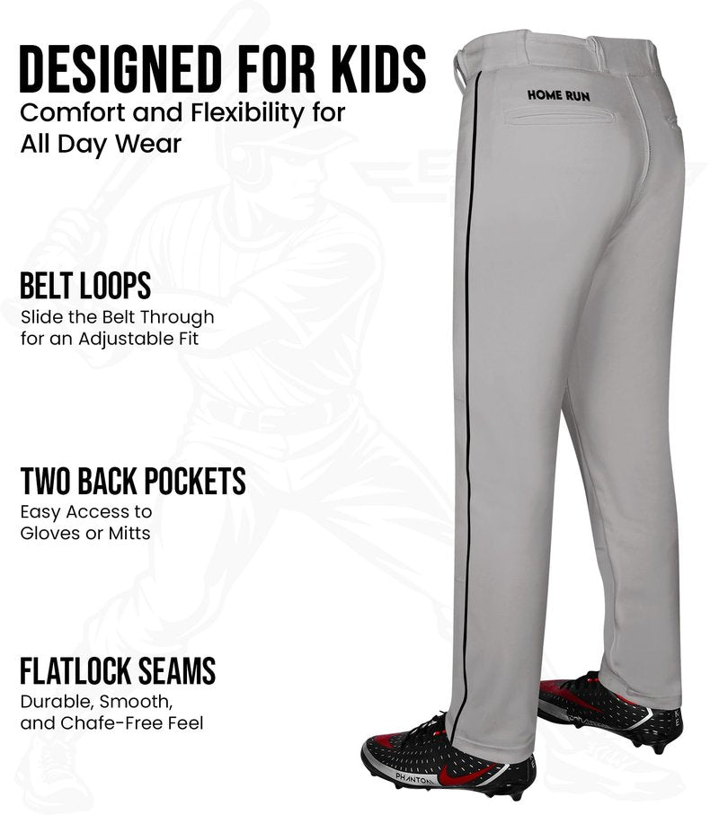 Exxact Sports Home Run Boys Baseball Pants with Piping - Full-Length, Semi-Relaxed Fit, Open-Bottom Youth Baseball Pants - (YM, Grey/Black Piping)