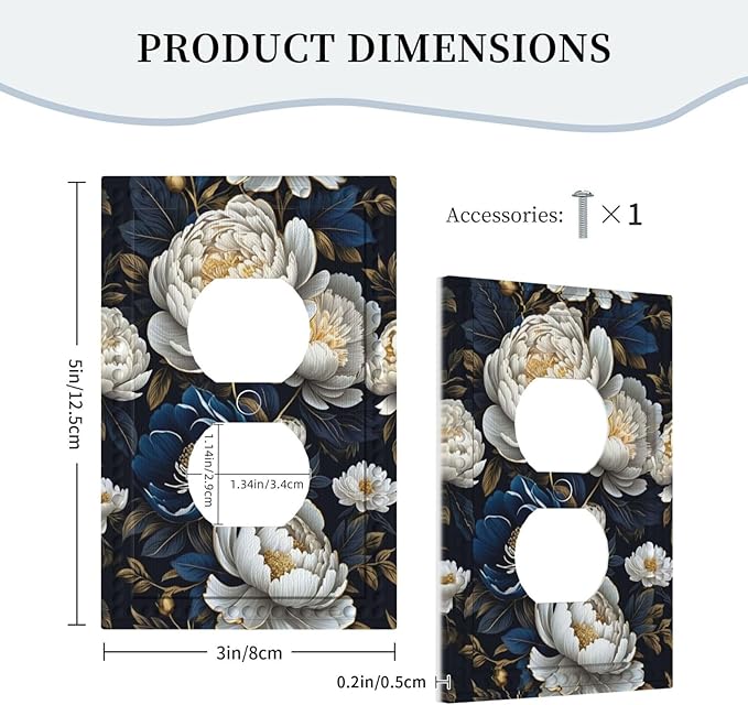 White Gold Blue Flower Light Switch Cover 1 Gang Outlet Plate Single Duplex Wall Plate Covers Decorative Switchplate Covers Electrical Faceplate for Home Decor