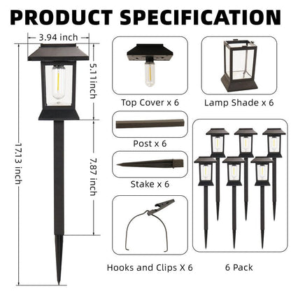 6 Pack Solar Pathway Lights Outdoor Waterproof, Dual-Use Stake & Hanging Lantern, 17 Inch ABS Warm White 3000K, 1000mAh Ni-MH Battery & Monocrystalline Panel, Auto On/Off for Garden Yard Patio Walkway