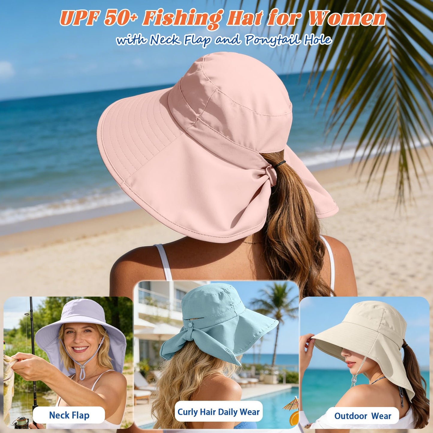 Sun Hat for Women with Neck Flap Ponytail Hole Women Sun Hat Rollable UV Protection Fishing Hat Wide Brim UPF 50+(Pink)