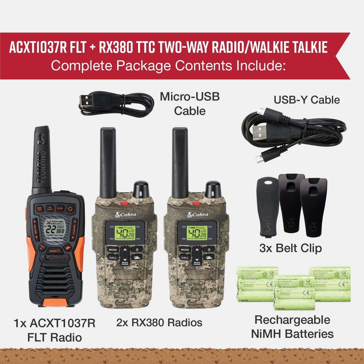 Cobra RX680 Walkie Talkies (2-Pack) - Rugged & Splashproof Two Way Radios Long Range, IP54 Water Resistant Design, 60 Pre-Programmed Channels, Weather Alerts, Included Charging Dock (Black/Orange)