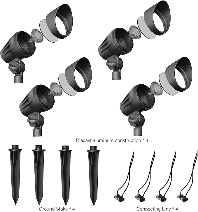 VENUS MANUFACTURING 4 Pack Low Voltage Landscape Flood Light 5Watt LED Outdoor Landscape Lighting Kits 400 Lumen Black Waterproof Spotlights 12V 2700K Warm White Metal Tree Lights for Garden & Yard