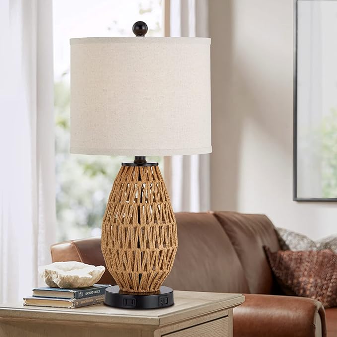Touch Control Rattan Table Lamps, 3 Way Dimmable Bedside Lamps for Bedroom Set of 2 with 2 USB Ports and AC Outlet, Wicker Nightstand Lamps for Living Room (LED Bulbs Included)