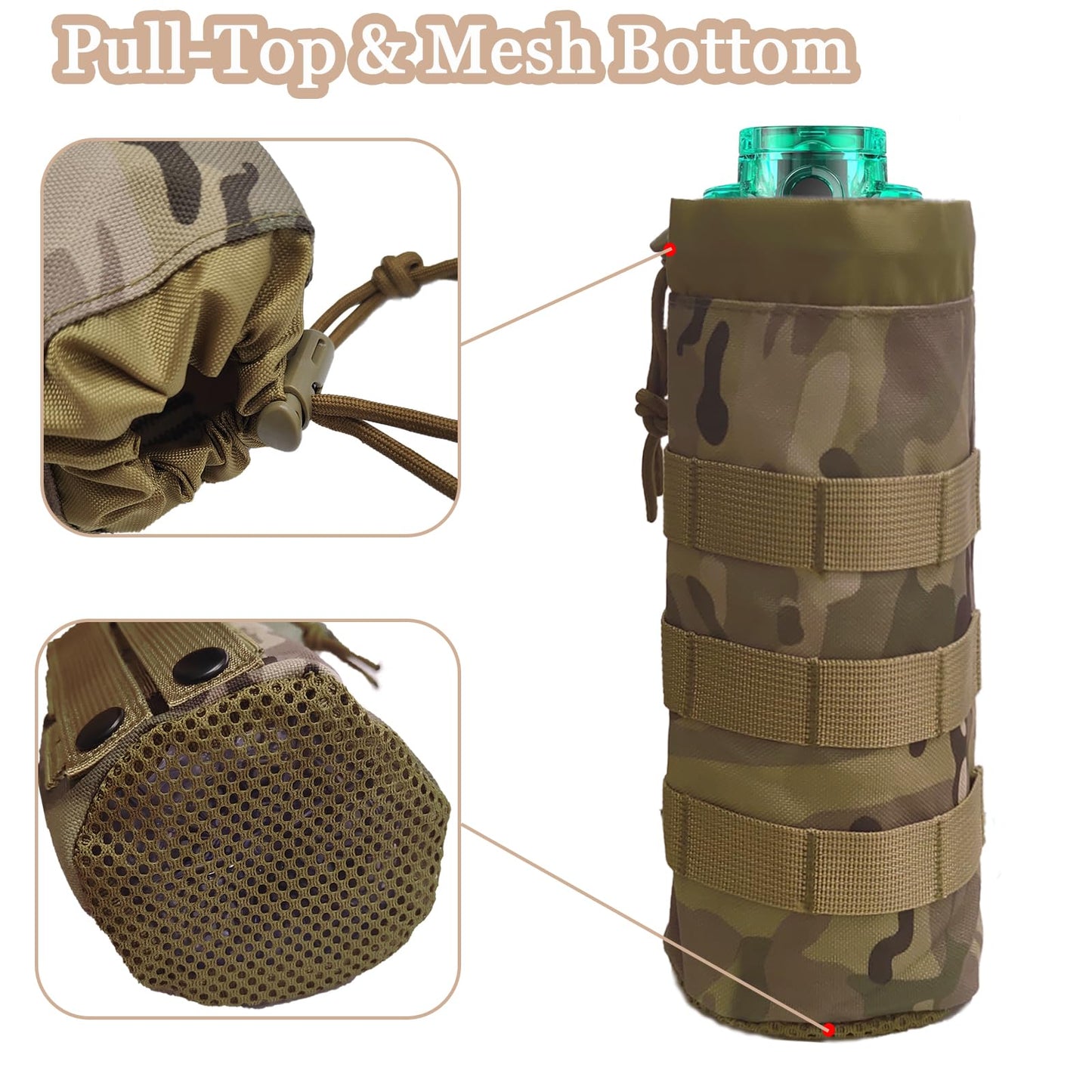 1000D Nylon Tactical Molle Water Bottle Pouches, Outdoor Sports Water Bottles Pouch Bag, 16/24/25/32/40oz Drawstring Open Top and Mesh Bottom Water Bottle Carrier Bag for Belt/Backpack/Vest/Bike