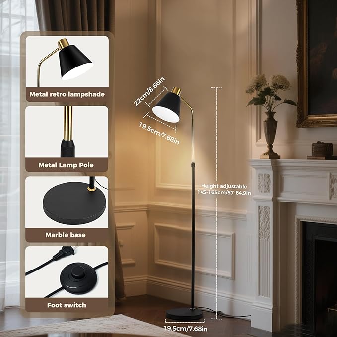 Black Gold Modern Reading Lamps Floor Standing, 12W Dimmable LED Vintage Floor Lamps for Bedroom, Adjustable Heights Antique Industrial Tall Floor Lamp, for Reading Lash Home Corner Living Room