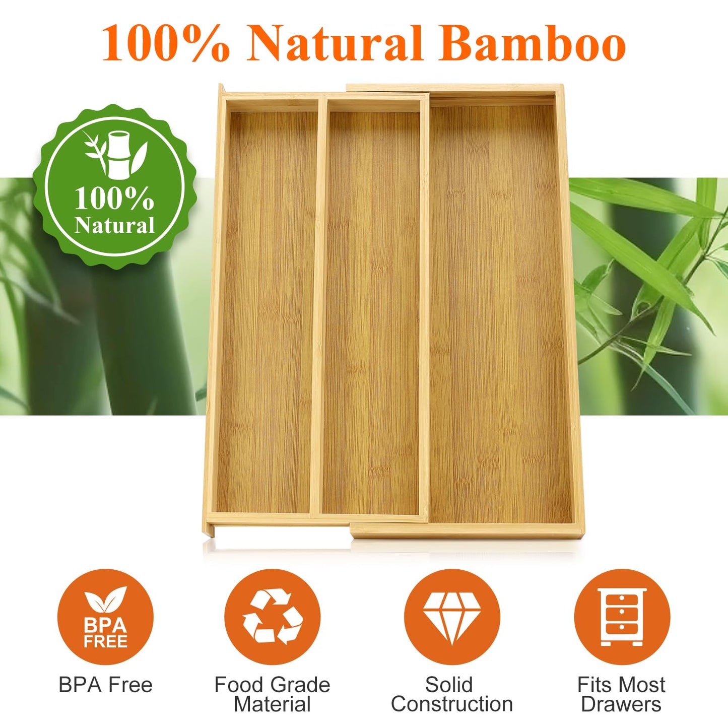 Large Bamboo Silverware Drawer Organizer Tray Kitchen Tool Drawer Divider Organizers Storage Expandable Cooking Utensil Organizer Wooden Cutlery Tray Spoon Flatware Organizers Utensil Holder Drawers