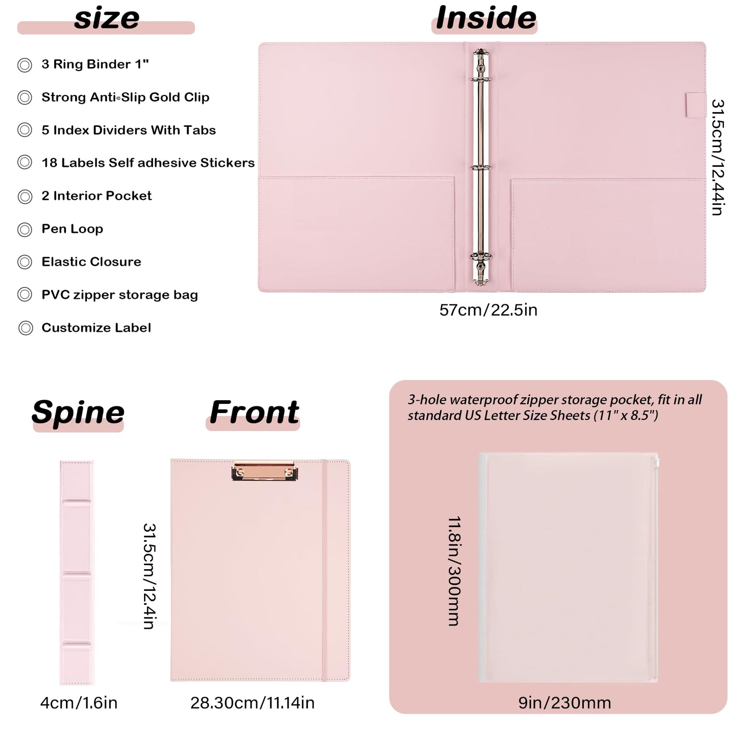 Etzul Hardcover 3 Ring 1 inch Leather Binder, Letter Size Binder Dividers with Tabs, PVC Zipper Pouch, Professional Organizer, Faux Rose Pink Leather