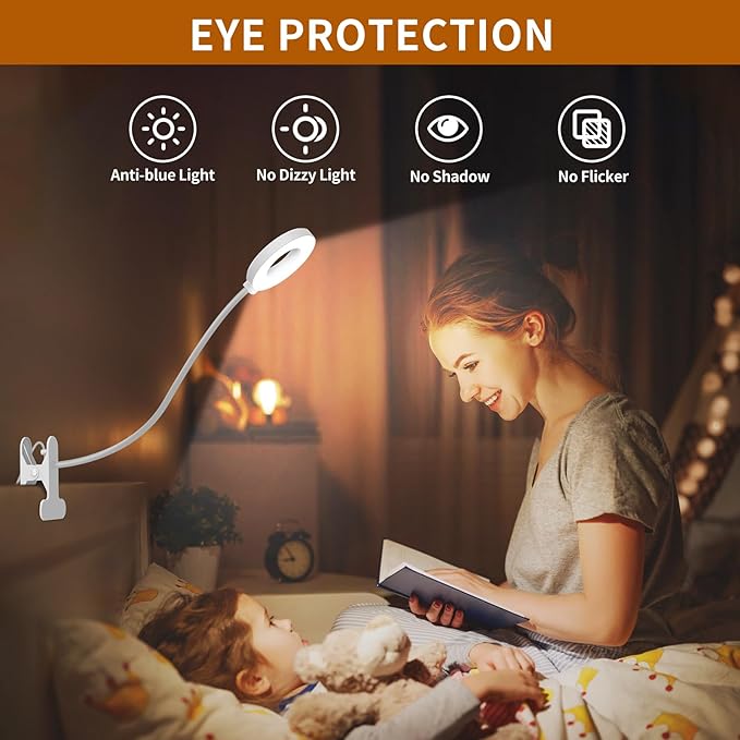 iZELL Book Light, Clip on Reading Light with Flexible Gooseneck, Dimmable LED Lamparas Clamp on Workbench Desk for Studying Painting Crafting Drawing Makeup Nail Tech Puzzle Task - 27.6‘’ White