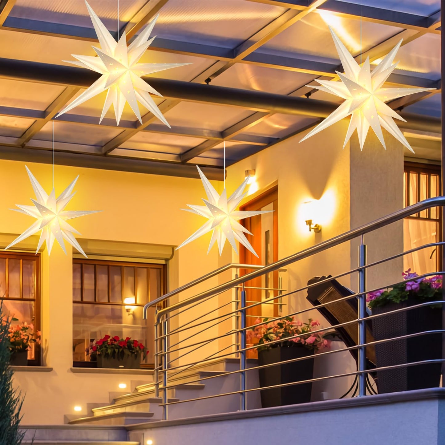SUNBEAUTY 21 Inches White Large Moravian Stars Outdoor Light Warm White LED Hanging Star Lights 3D Christmas Tree Topper Star for Holiday Wedding Birthday Porch Party Decor