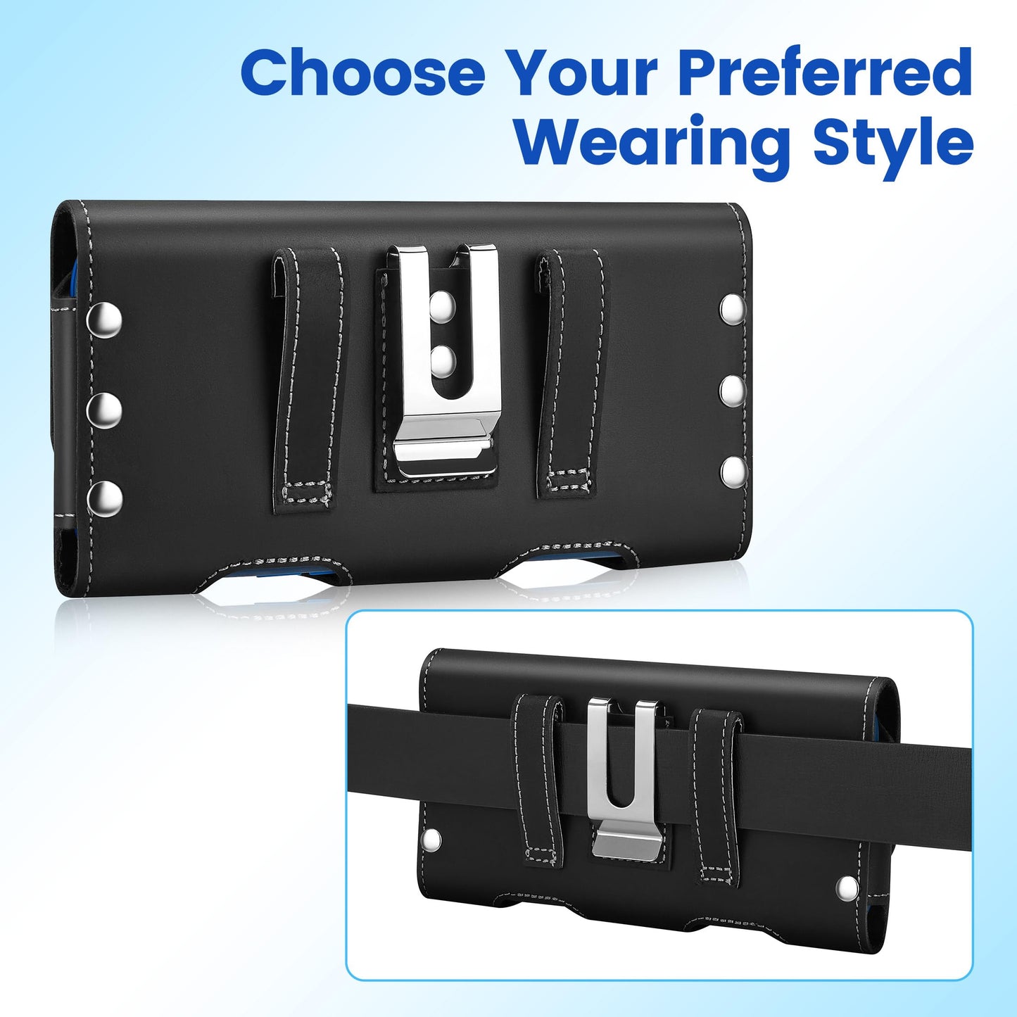Gcepls Universal Cowhide Leather Phone Holster with Belt Clip Compatible with iPhone 17 Pro 17, 16 Pro 16,15 14 13 Pro,Samsung Galaxy S25 S24 S23 S22 S21 S20 (Black-Medium,Fits Thin Case on)