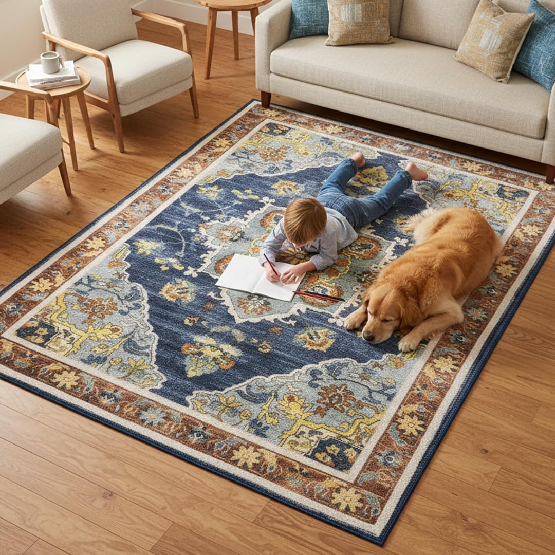 Muddy Mat® Mosaic 5ft x 7ft Washable Muddy Carpet® for Living Room, Bedroom & Dining Room – Modern Soft Low Pile Non Slip Carpet – Pet Friendly Waterproof Foldable Area Rugs for Home