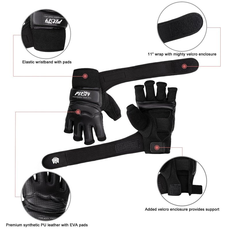 FitsT4 Sports Half Mitts MMA UFC Training Boxing Punch Bag Kickboxing Sparring Grappling Martial Arts Muay Thai Taekwondo Wrist Wraps Support Gloves for Women Men Kids Black L