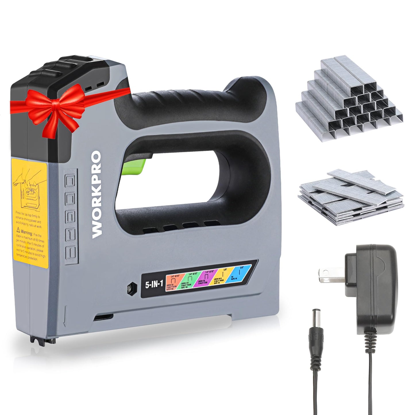 WORKPRO 5 in 1 Cordless Staple Gun, 3.6V Rechargeable Electric Stapler with 2000 Staples and Nails, Upholstery Staple Gun for Wood, Furniture, Office, and DIY Projects