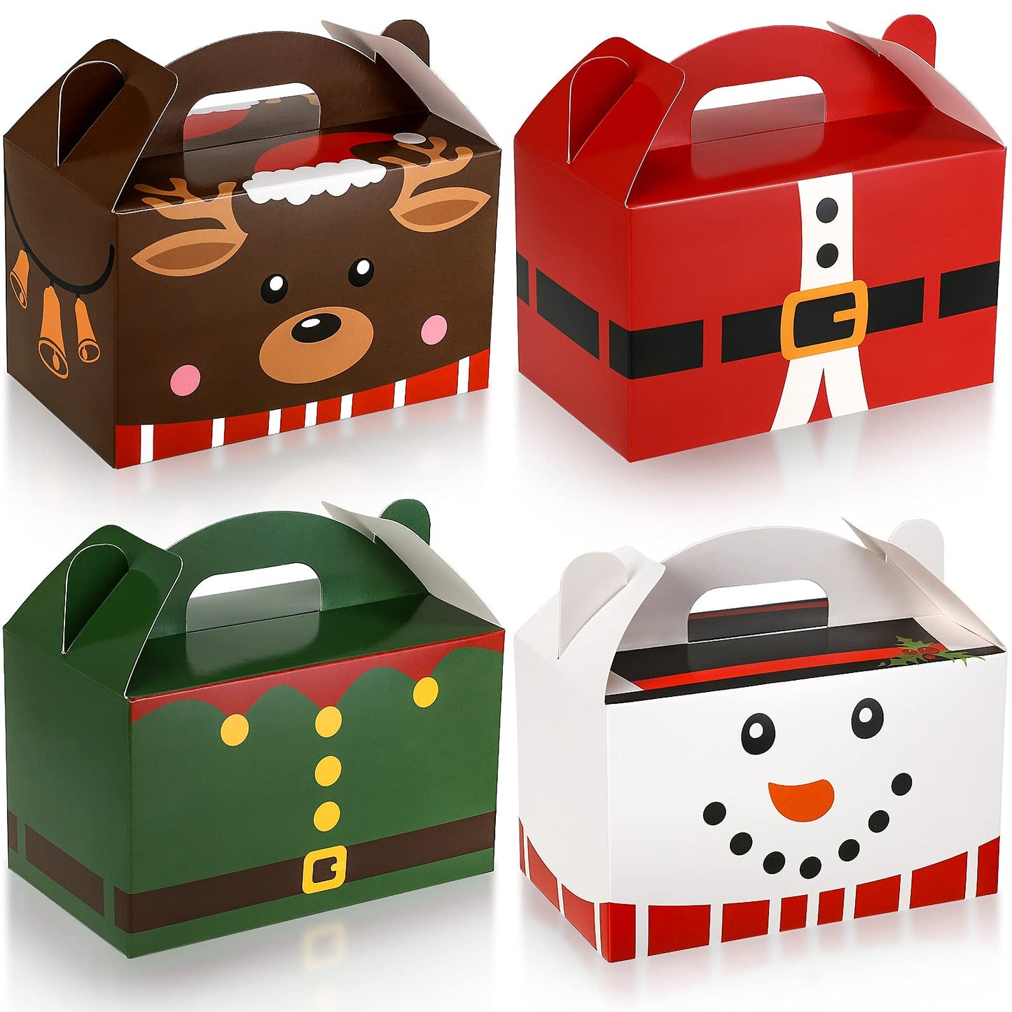 Clabby 24 Pcs Christmas Treat Boxes with Handles 3D Christmas Cookie Gift Boxes Cardboard Goodie Candy Bags Xmas Santa Elf Snowman Elk Gingerbread Holiday Party Favor Supplies, 4 Design(Cute Style)