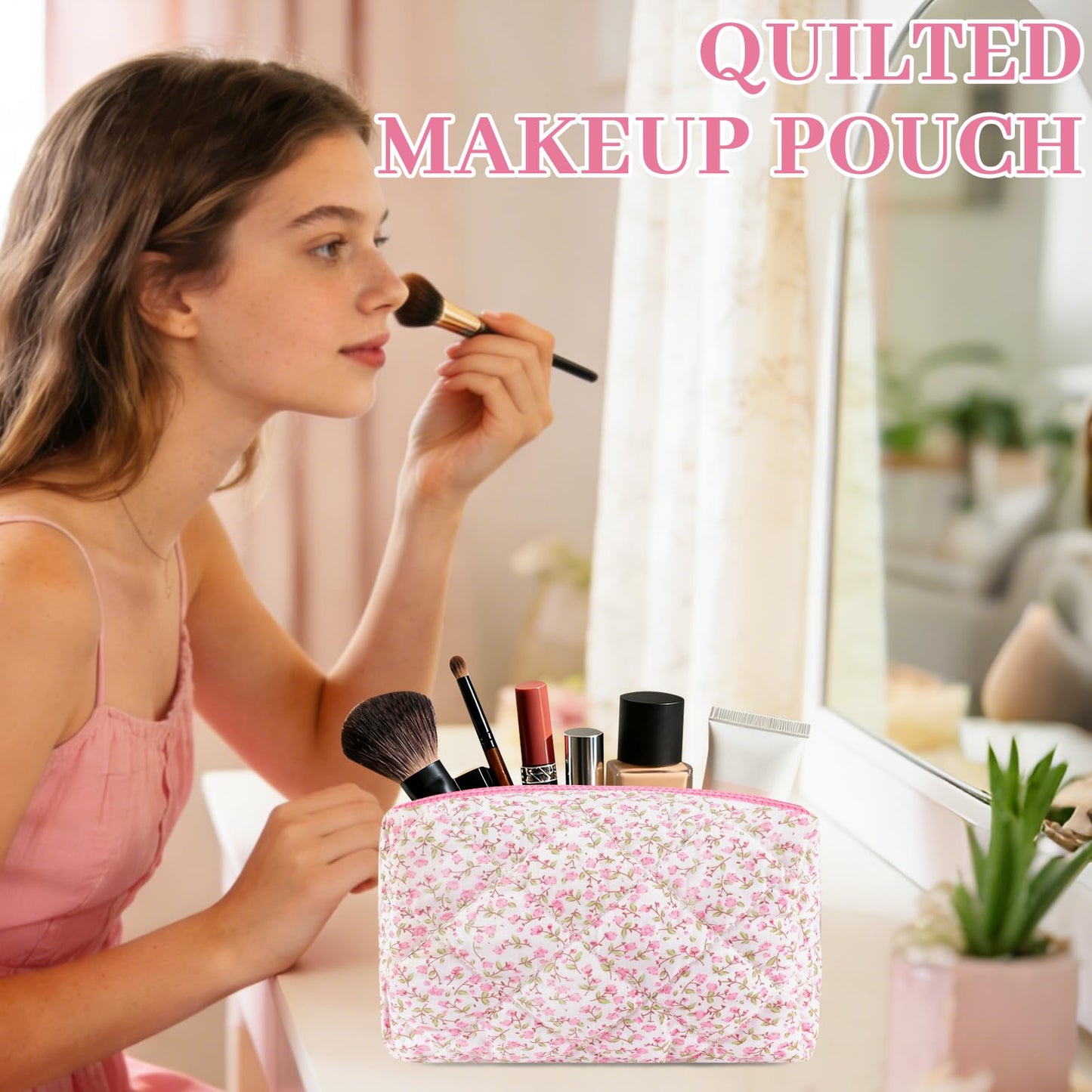URSKYTOUS Quilted Makeup Bag Floral Large Cute Cosmetic Bag Cotton Puffy Makeup Organizer Coquette Travel Makeup Pouch Aesthetic Portable Zipper Toiletry Storage Bag for Women Girls (Pink)