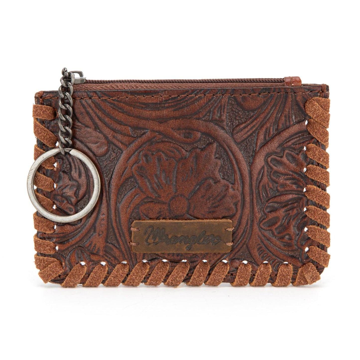 Montana West × Wrangler Leather Change Wallet with Keychain for Men Women Small Coin Pouch Western Design, Brown