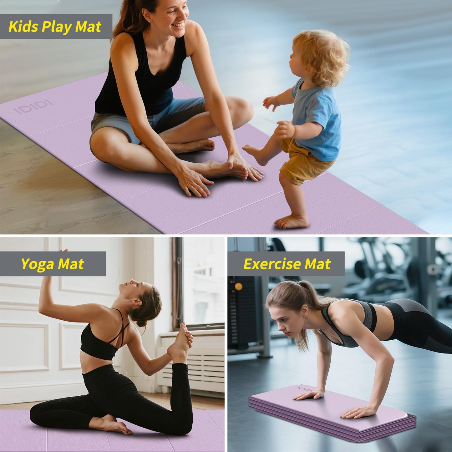 Foldable Extra Large Yoga Mat 74"×31.5", 8mm Double-Sided Non Slip Lightweight Fitness Mat for Adults & Kids, Portable for Home Studio & Travel