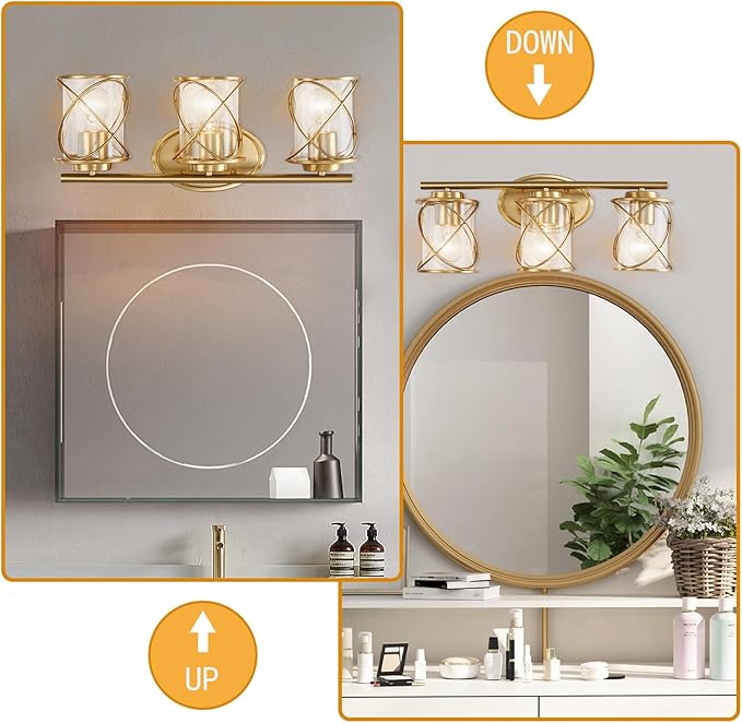 Mavcadonf Modern Vanity Lights with Cage Shade - 3 Lights, Brushed Gold, Over Mirror, for Bathroom & Kitchen