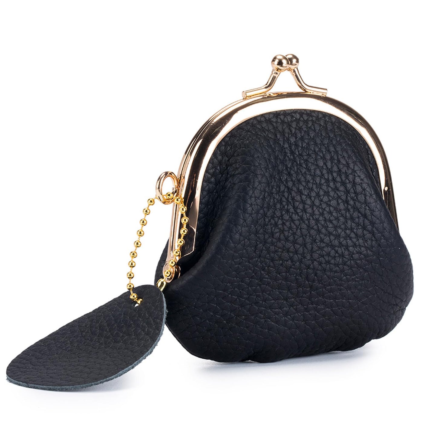 Leather Kisslock Coin Purse for Women, Compact Vintage Style Coin Pouch with Key Holder, Gift for Girls (Black)