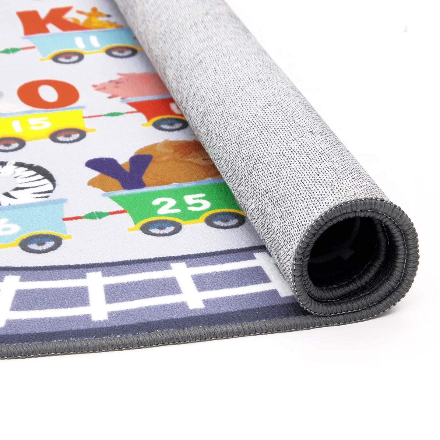 HiiARug Small Playroom Rug, Kids Playmat ABC Alphabet, Numbers, Train and Road Themed Play Mat Educational Floor Carpet for Classroom Kids Bedroom Decor,Grey, 3'3" x 5'