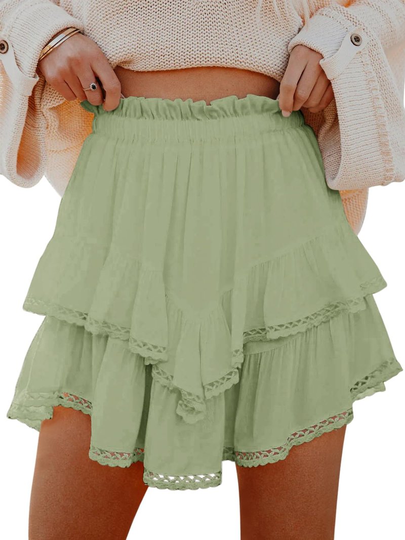 Aoudery Flowy Shorts for Women Casual Boho Ruffle Tiered Skorts High Waist Mini Skirts Golf Tennis Butterfly Crochet Shorts - Grey Green XS