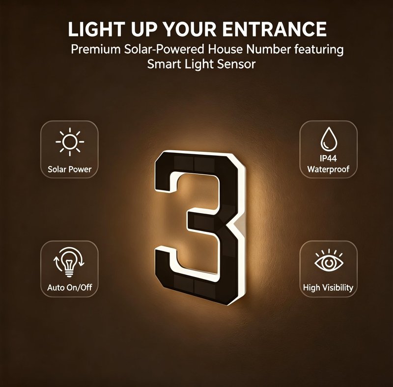 Solar Lighted House Numbers for Outside - 6.7-Inch Solar LED House Numbers & Letters, IP44 Weatherproof Wall Mount for Home Garage Fence with Easy Installation (6-Black)
