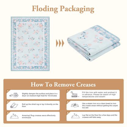 LIVEBOX Washable Area Rug 5x7 - French Country Living Room Rug Non-Slip Nursery Rugs for Boy Girls Bedroom, Soft Carpet Floral Rugs for Play Room Office, Light Blue