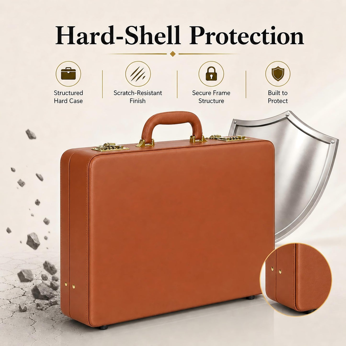 HAESTUS Briefcases for Men, Professional Leather Briefcase with Lock, Hard Shell Business Brief Case, Attache Case for 15.6" Laptop, Men's Hard Briefcase for Work Office Travel, Brown | Dual Lock