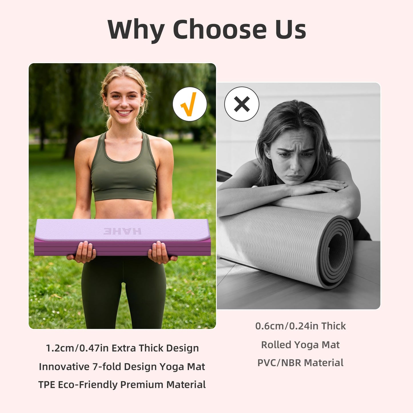 HAHE 7-Fold Design Extra Thick Yoga Mat 72"L x 24"W x 0.47",TPE Fitness Exercise Mats, Non-Slip Foldable Yoga Mat, High Density, Portable for Men & Women, Yoga, Pilates, Home Gym (Deep Pink & Light Pink)