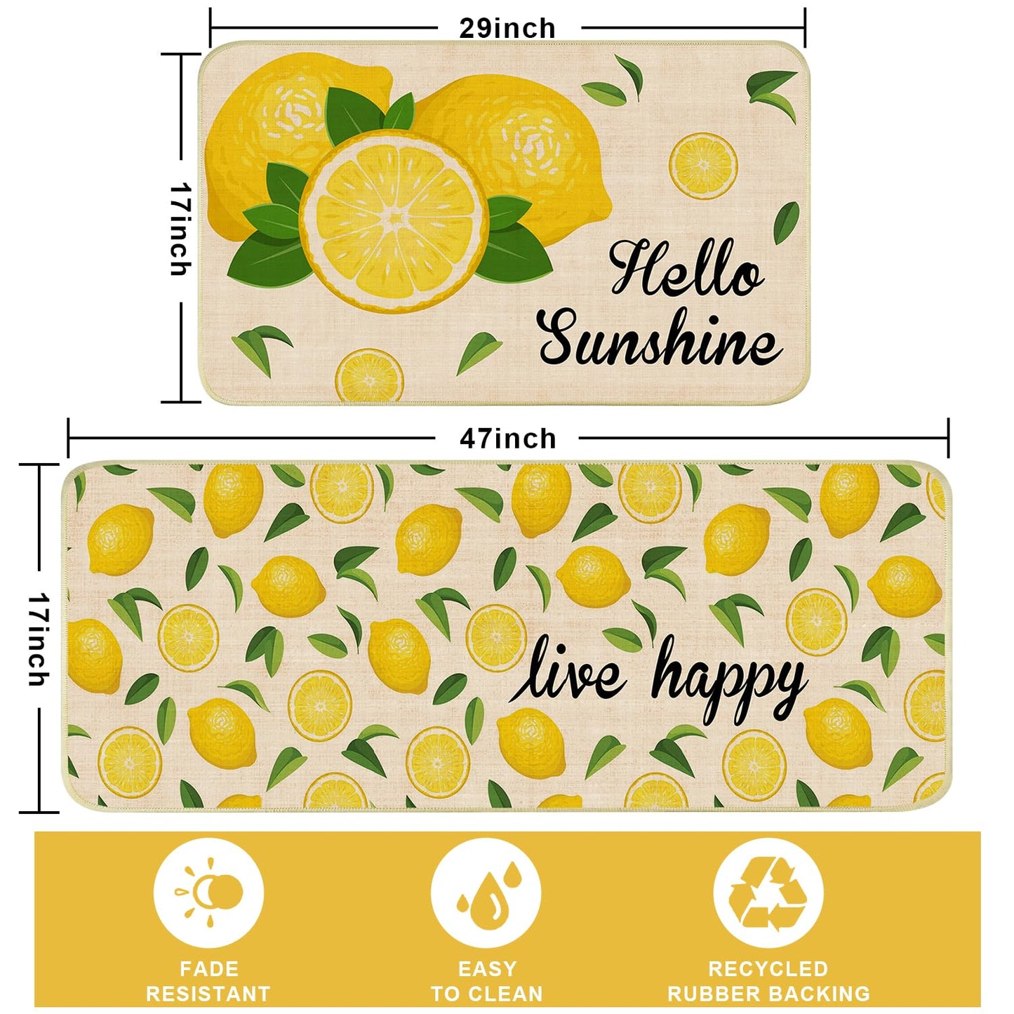 Nialnant Lemon Kitchen Rug Set of 2, Non Slip Lemon Kitchen Mat, Kitchen Floor Mats for in Front of Sink, Kitchen Rugs for Bedroom, Lemons Kitchen Decor and Accessories 17'' x 47'' + 17'' x 30''