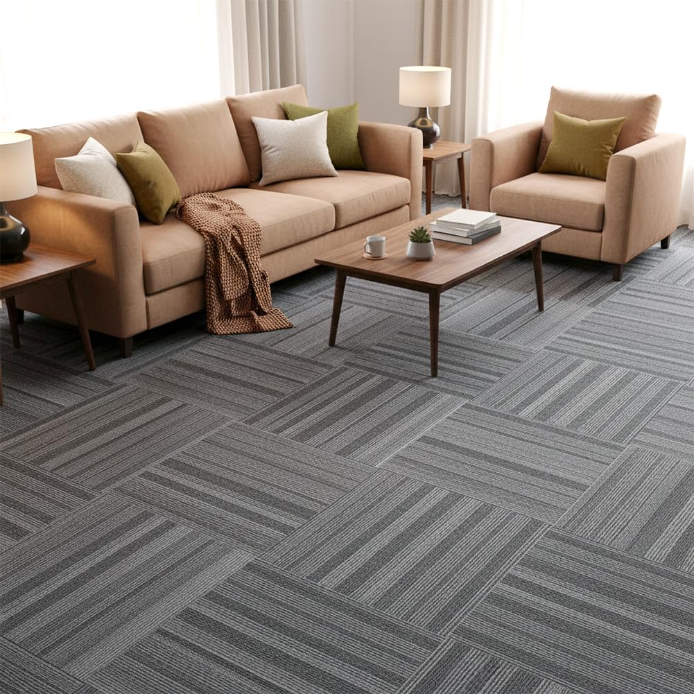 SUWUYUE Commercial Carpet Tiles 24"x 24" Reusable Squares, 18 Tiles 72 Sqft Non-Slip Gray Stripe Pattern Loop Pile Seamless DIY Flooring for Office Business Residential Spaces
