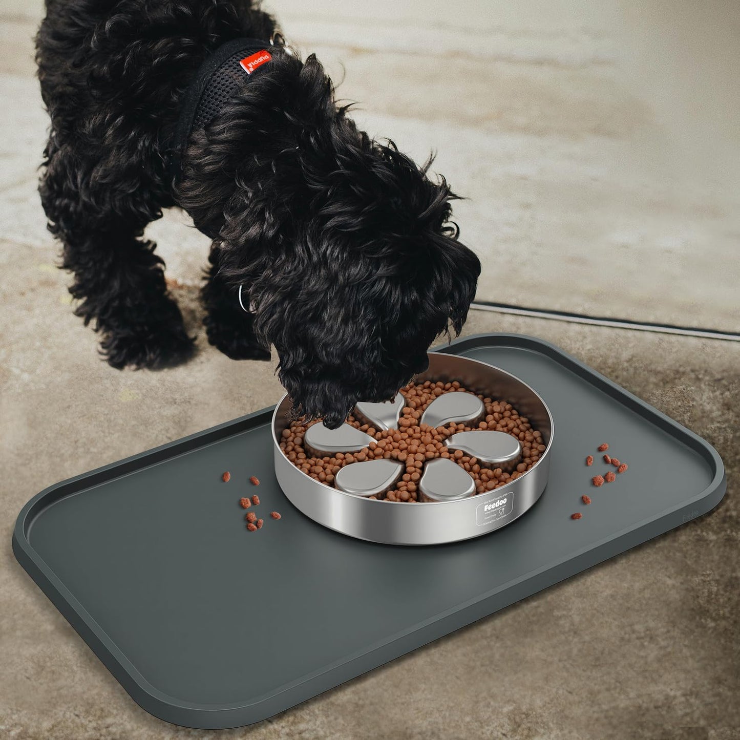 Feedoo Pet Feeding Mat [Warped Resistant Raised Edge], Water-Proof Silicone Placement for Food Water Bowls, Anti-Slip Base Protect Floor, BPA-Free&Dishwasher-Safe [23.5x13.5inch Large, Gray]