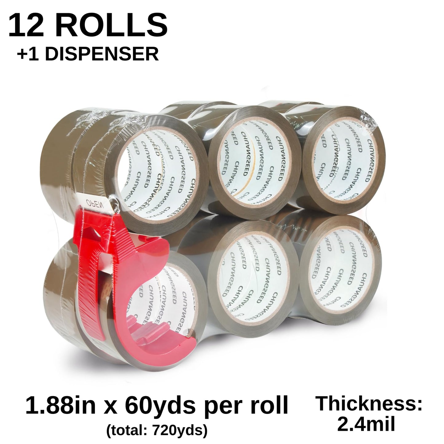 12-Pack Brown Packing Tape with Dispenser, 2.4 Mil 1.88 Inch x 60 Yards,Total 720yds,12 Refills Rolls Packaging Tape for Moving, Shipping and Storage