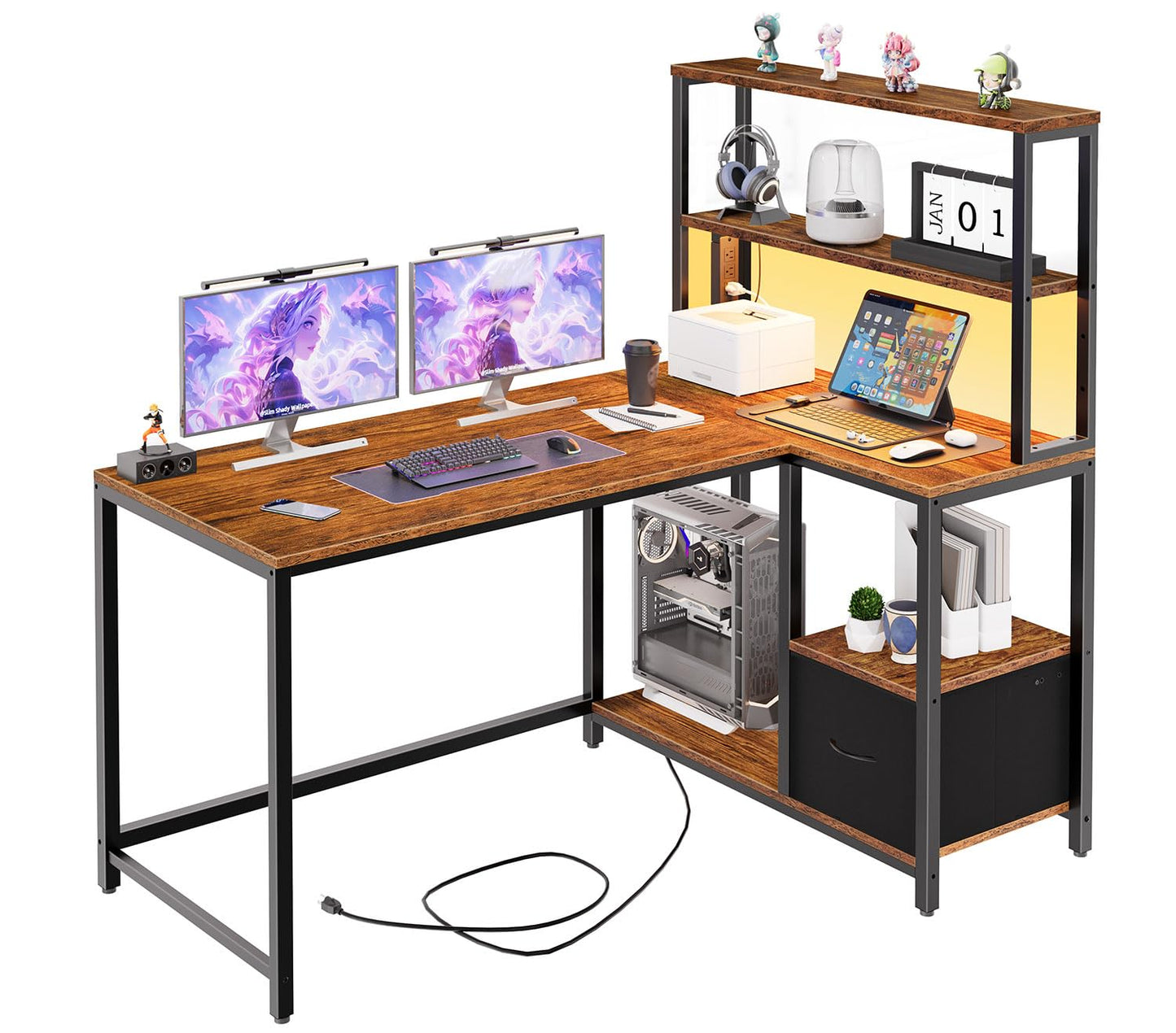 HOOBRO L Shaped Gaming Desk, 46 Inch Reversible Computer Desk with LED Light & Power Outlet, Office Desk with Storage Shelves & Drawer, for Home Office, Study, Rustic Brown and Black BF18UDDN01