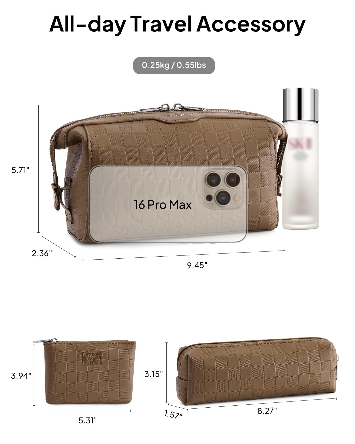 TOPEAST Travel Makeup Bag Cosmetic Bags for Women, 3 Pcs Set Make Up Toiletry Bag with Removable Zip Purse, Waterproof Leather Makeup Brush Organizer for Travel Essentials, Brown