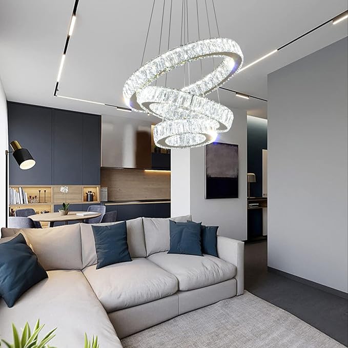 FRIXCHUR Dimmable Modern LED Chandelier 3 Ring Pendant Light Crystal Chandelier for Dining Room Living Room Bedroom,3 Colors Adjustable