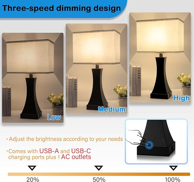 Set of 2 Touch Control Table Lamps 21.6" 3-Way Dimmable Bedside Nightstand Lamp with Type C/USB Charging Port & Outlet Desk Lamp for Living Room Bedroom Office and Hotel Bulb Included