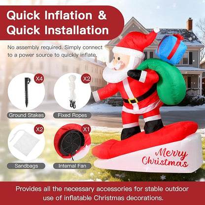 6FT Christmas Inflatables Decorations Outdoor，Blow Up Skiing Santa Claus with Built-in LEDs Lights for Indoor Holiday Party Yard Garden Lawn Décor