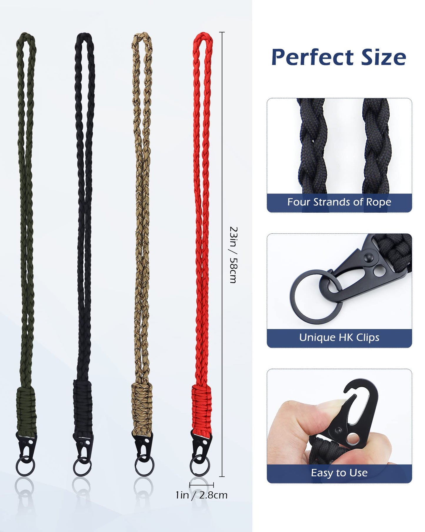 YETOOME 4 Pieces Heavy Duty Neck Lanyard Keychain for Men Women Outdoor Survival, Parachute Rope Necklace Keychains with HK Clip Key Ring for ID Card Badge Holder, Camera, Wallet and Keys