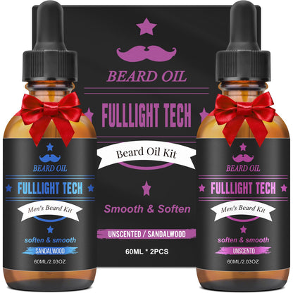 Beard Oil,2 Packs 4 FLOZ(120ml) Natural Beard Oil for Men Growth,Sandalwood and Unscented Beard Growth Oil Soften,Strengthen,Moisturize Beard Care,Stocking Stuffers for Men Gifts for Him Dad Boyfriend