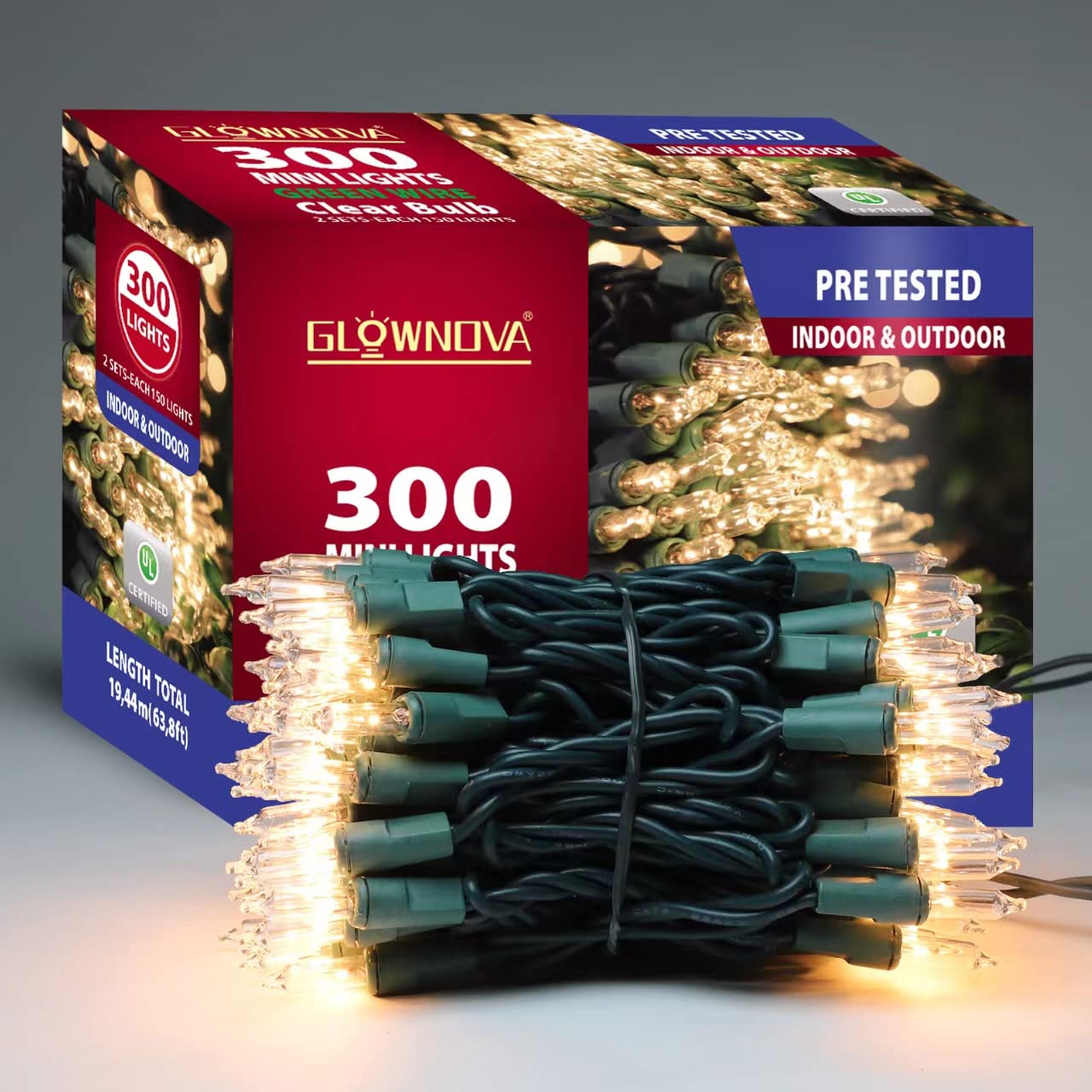 GLOWNOVA Green Wire,Clear Incandescent Bulb 300 Mini String Lights for Indoor Christmas Tree Garland Birthday Wedding Party Festival Decoration