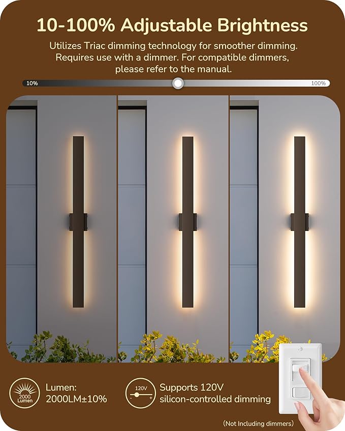 EDISHINE 2 Pack Modern Outdoor Wall Lights Dimmable, 39.3" Rectangular Outdoor Wall Sconce, 3CCT, Iron & PC, IP65 Waterproof, Long Front Porch Light for Patio, Yard, Oil Rubbed Bronze