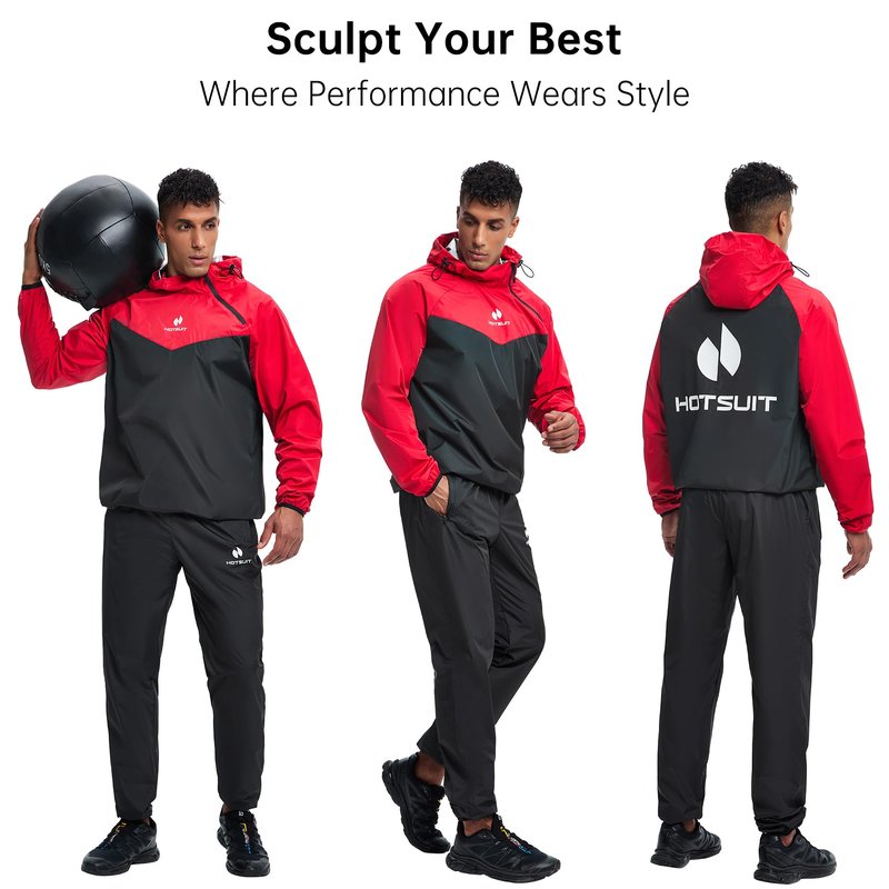 HOTSUIT Sauna Suit for Men & Women Sweat Suit Sauna Jacket Pant Gym Workout 7 Colors, Red, XL