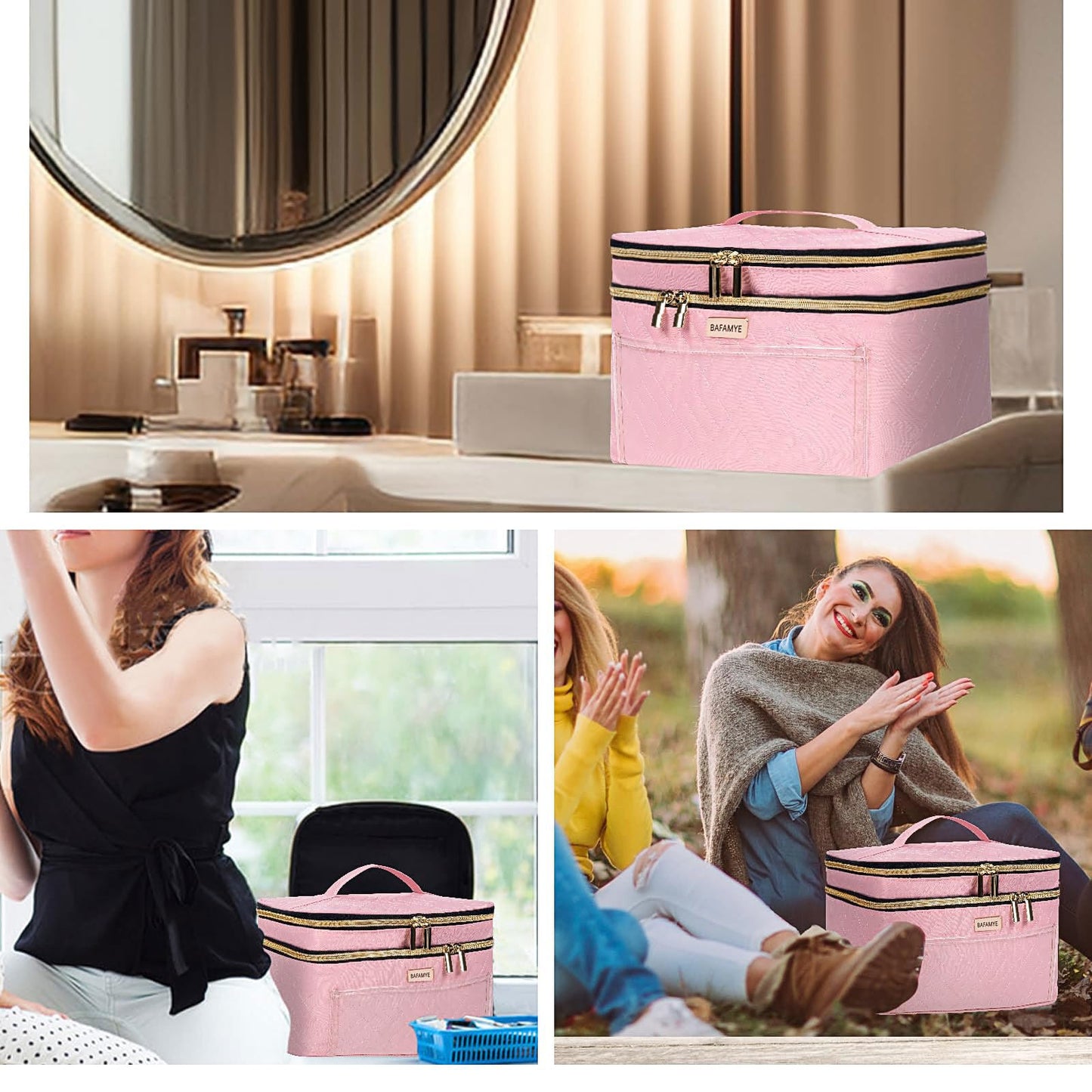 BAFAMYE Double Layer Travel Makeup Bag for Women, Large Cosmetic Case Organizer with Makeup Brush Compartment, Portable Train Case Make Up Bag for Travel-Size