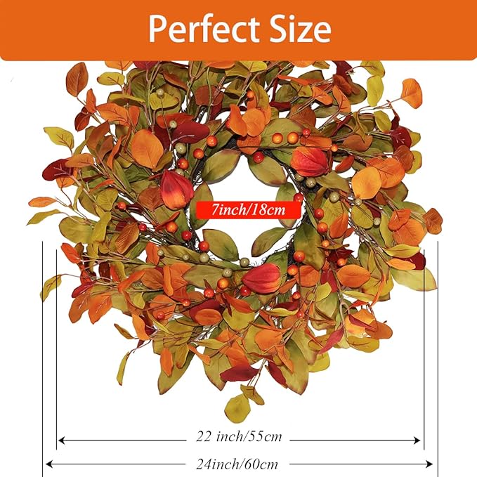 22“ Thanksgiving Fall Wreaths for Front Door Outside - Orange Green Eucalyptus & Berries Front Porch Door Wreath Decor, Harvest Autumn Decor.