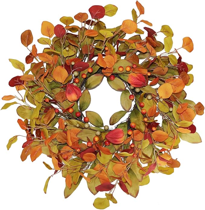 22“ Thanksgiving Fall Wreaths for Front Door Outside - Orange Green Eucalyptus & Berries Front Porch Door Wreath Decor, Harvest Autumn Decor.